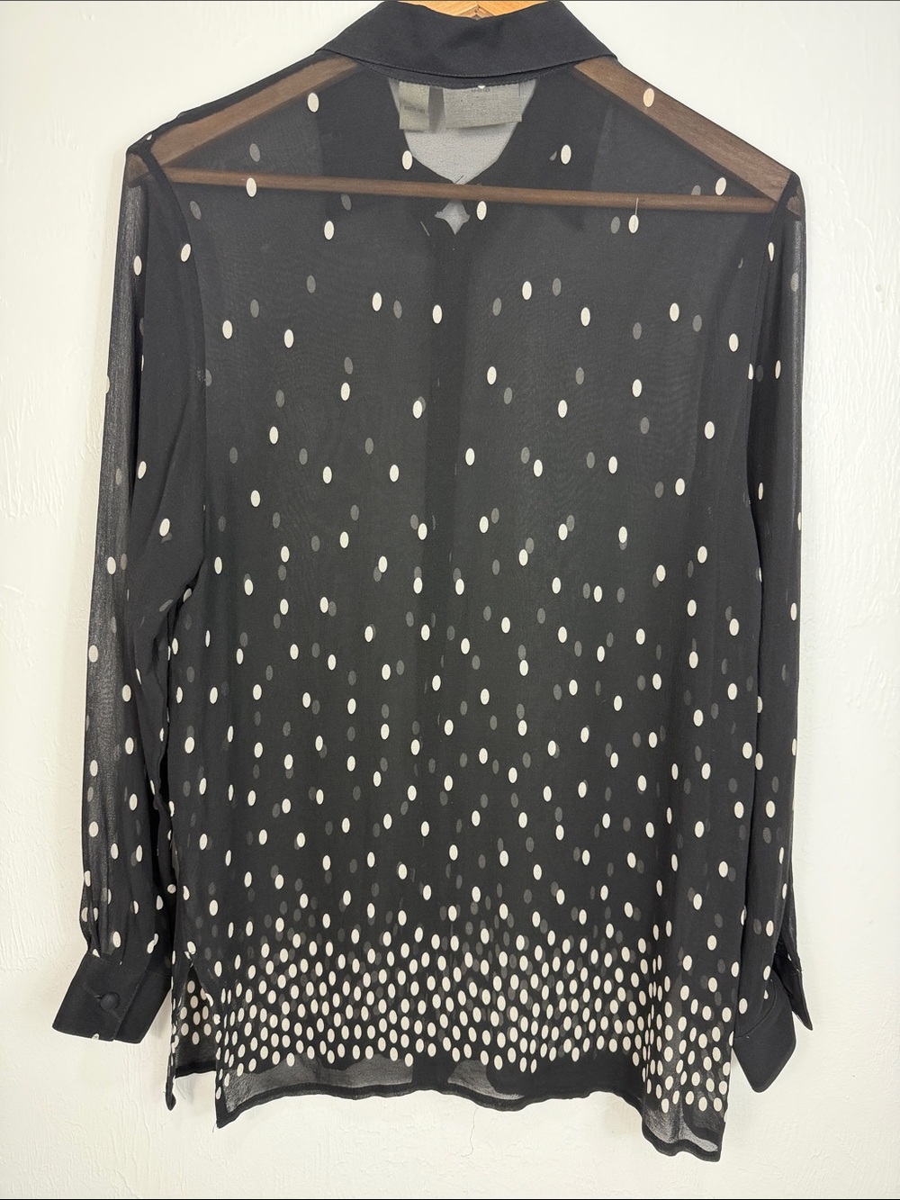 Vintage Lord & Taylor Black Sheer Polka Dot Blouse Petite 12P Button Front - Picture 4 of 9